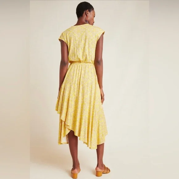Anthropologie Maeve Fete Yellow Midi Dress Size M V-Neck Handkerchief Hem - Picture 2 of 8